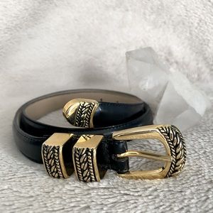 VINTAGE - GENUINE LEATHER - Black & gold bohemian or rustic style belt